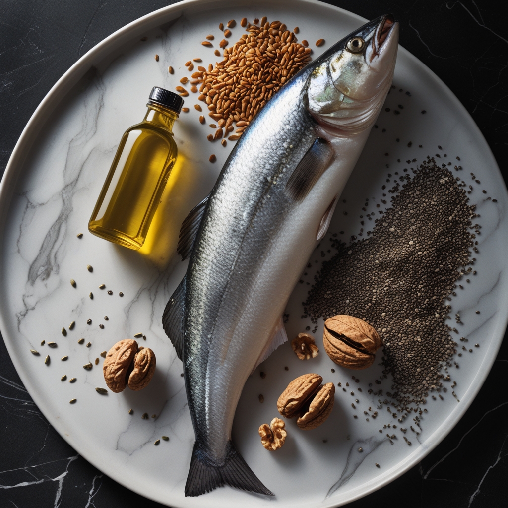 Overhead still life of omega-rich foods on a white marble surface: a whole mackerel fish, a small glass bottle of golden flaxseed oil, a handful of walnuts, and scattered chia seeds, clean bright light