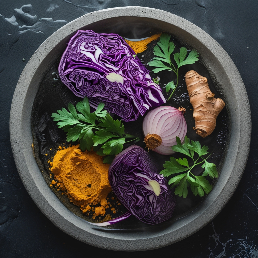 Colourful arrangement of phytonutrient-rich vegetables and herbs on a light stone surface: sliced purple cabbage, turmeric root, fresh parsley, green tea leaves, and red onion, natural overhead lighting