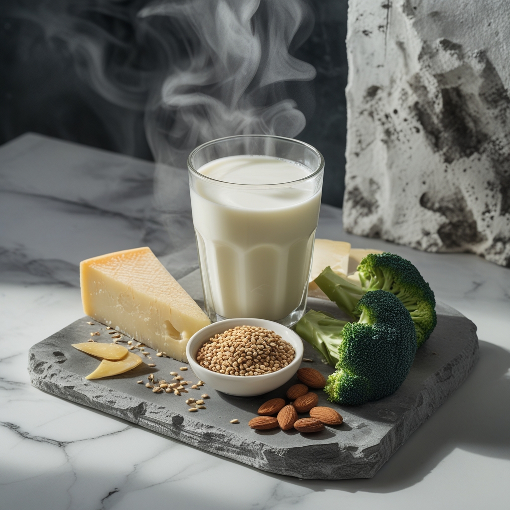 Rustic composition of calcium-rich foods on a white marble surface: a glass of milk, a wedge of hard cheese, a small bowl of sesame seeds, broccoli florets, and almonds, bright airy natural light