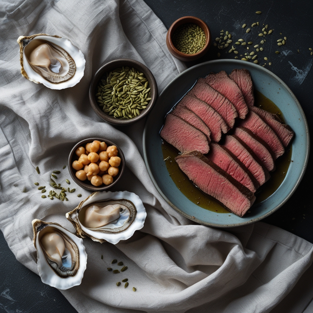 Flat lay of zinc-rich foods on a light linen cloth: oysters in their shells, beef slices, chickpeas in a small ceramic bowl, and hemp seeds scattered around, soft natural lighting