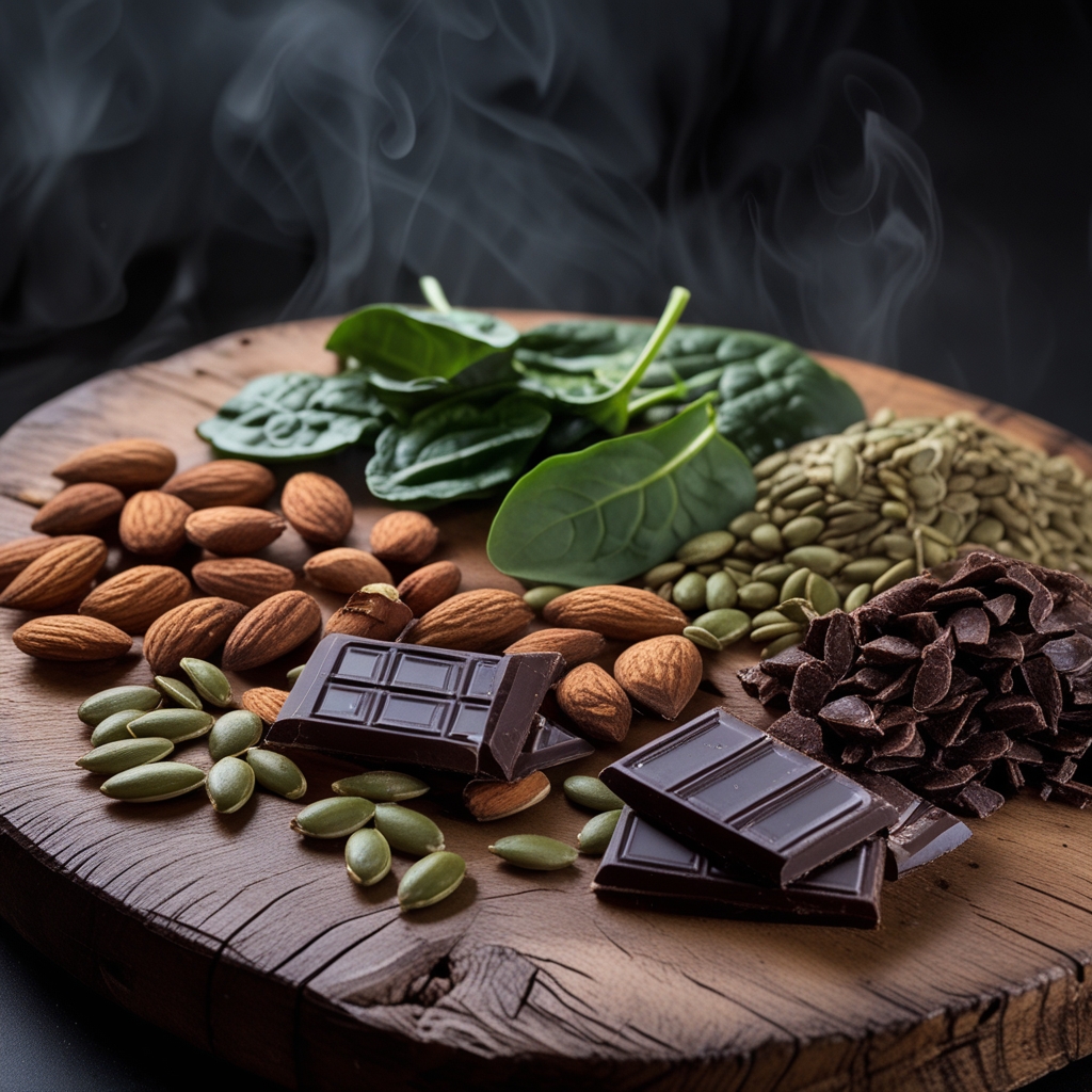 Close-up of a rustic wooden board with a variety of mineral-rich foods: whole almonds, pumpkin seeds, dark chocolate pieces, dried legumes, and spinach leaves, photographed with warm directional studio light